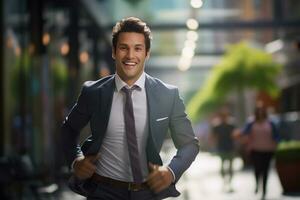 Smiling male businessman running to work with inspiration in advertising concept photo
