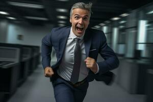 Smiling male businessman running to work with inspiration in advertising concept photo