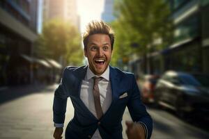 Smiling male businessman running to work with inspiration in advertising concept photo