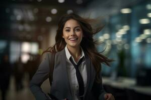 sonriente negocio mujer corriendo a trabajo con inspiración en publicidad concepto foto