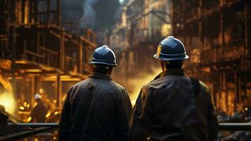 Oil refinery engineer, oil industry worker stands in front of a large chemical plant photo