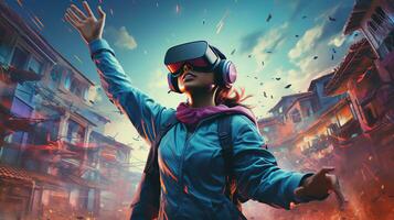 un joven niña vistiendo aumentado realidad lentes en un computadora juego en el virtual mundo foto