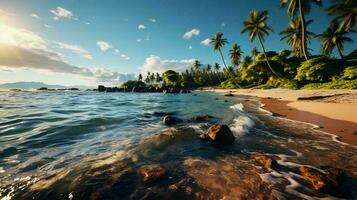 Beautiful tropical paradise sandy beach and sea with palm trees at seaside resort, seaside vacation concept, tourism photo