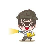 Cute thief stealing gold holding flashlight cartoon character. Robber concept design isolated background. Adorable chibi vector art illustration.