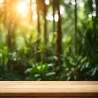 Rustic Wood Table Display in Nature Photo Background