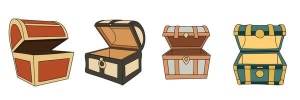 Set of hand drawn open empty treasure chest. Chest in doodle style. Vector illustration.