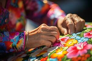 de cerca capturar de manos bordar vistoso flores en brillante azul tela foto