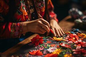 Woman Painting Vibrant Flowers on Black Paper photo