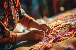 Indian Embroidery, A Colorful Floral Design in Warm Sunlight photo