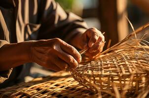 Basket Weaving, Hands Making a Straw Basket photo