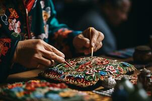 Colorful Threads Creating Intricate Patterns on Dark Fabric photo