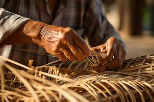 Close-Up of Hands Weaving a Basket with Natural Materials photo