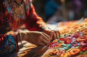 vistoso tradicional bordado, floral patrones, artesanía a un mercado justa foto