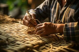 Close-Up of Hands Crafting a Wooden Basket photo