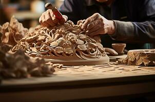 Wood Carving Master, A Photo of an Artisan Creating a Floral Design