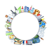 Watercolor round frame with the image of students, school supplies, equipment, stationery. Back to school. Education concept isolated png