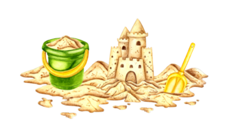 Watercolor illustration of a sand castle, pail and scoop. A sign of fun, joy, childhood, relaxation. Tropical marine clipart. Sandy surface for creating compositions for decorating souvenirs, png