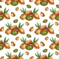 Watercolor illustration of pistachio nut pattern. Healthy food, picnic snacks, festival, Oktoberfest. Isolated. Ideal food concept, packaging design, cafe, restaurant, menu. png