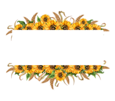 Watercolor illustration frame border of sunflowers and ears of wheat. Harvest Festival. The border is isolated. Compositions for posters, cards, banners, flyers, covers, placards. png