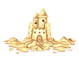 Watercolor illustration of a sand castle. A sign of fun, joy, childhood, relaxation. Tropical marine clipart. Sandy surface for creating compositions for decorating souvenirs, postcards, posters, png