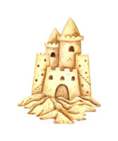 Watercolor illustration of a sand castle. A sign of fun, joy, childhood, relaxation. Tropical marine clipart. Sandy surface for creating compositions for decorating souvenirs, postcards, posters, png