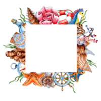 Watercolor illustration square frame with nautical elements. Composition for posters, postcards, banners, flyers, covers, posters and other printing products. isolated png