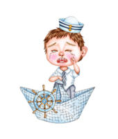 Watercolor illustration of a little crying boy in a boat. Children's captain with a paper boat. Design for greeting card, banner, flyer, cover, poster and print on other product. isolated png