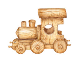 Children's toy wooden train. Watercolor illustration of transport for small children on an isolated. Drawing of a toy locomotive for children's design. png