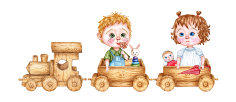 para niños juguete de madera tren y dos vagones acuarela ilustración de niños montando en un vapor locomotora en un aislado antecedentes. dibujo de un juguete tren para para niños diseño. png