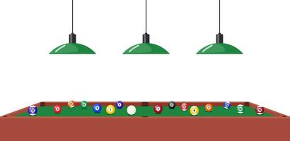 Pool Billiard table and hanging lamps under it, side view. Multi colored pool balls on billiard table. Vector illustration.