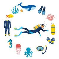 buceo y submarino mundo, conjunto de elementos. buzo con escafandra autónoma oxígeno cilindros y aletas, mascarilla, tubo, marina vida elementos. estrella de mar, pulpo, Medusa, corales, algas. vector ilustración.