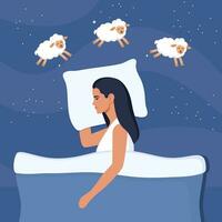 Woman falls asleep, dreams, and counts sheep. Insomnia and sleep disorders. Girl lying on the bed, lambs are jumping around. Around the stars and dark space. Vector illustration.