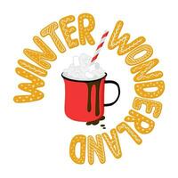 invierno gráfico impresión diseño con caliente chocolate y eslogan invierno mundo maravilloso. mano dibujado letras como pan de jengibre galletas con Formación de hielo. único retro diseño para carteles, camisa, impresiones, saludo tarjetas vector