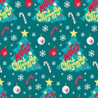 Christmas pattern with retro groovy lettering. Hand drawn lettering Merry Christmas in flat minimalistic style for textile, wrapping paper. Christmas tree, decoration, Santa Clause hat and candy stick vector