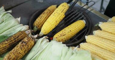 A la parrilla maíz para rebaja en un mercado puesto en Estanbul video