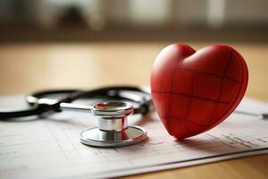 Red heart with a stethoscope on the table. Healthcare and medicine concept. Generated by artificial intelligence photo