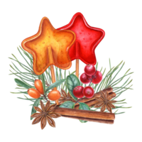 Caramels in the shape of star, star anise, cinnamon sticks, pine sprig, red and orange berries. Sea buckthorn, lingonberry, lollipop on the stick, badian. Watercolor illustration for greeting png