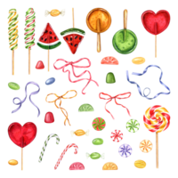 Set of caramels. Lollipop watermelon slices, chocolate seeds. Lollipops in the shape of red heart. Jelly, spiral candies. Ribbons for decoration. Watercolor illustration png