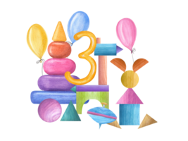 de colores pirámide, hilado arriba, pelota, cubitos, caballo y liebre hecho de cubitos, número 3, globos de madera juguetes acuarela ilustración. composición para niños saludo tarjeta, fiesta, tarjeta postal png