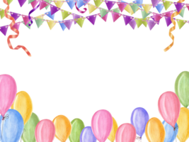 gelukkig verjaardag kaart met veelkleurig linten, vlag slingers, ballonnen. horizontaal kader. kopiëren ruimte voor tekst. waterverf illustratie voor groet kaarten, uitnodiging, , vakantie png
