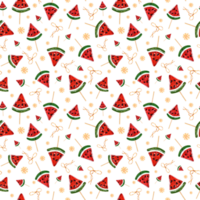 naadloos patroon van karamel watermeloen plakjes, chocola zaden. ronde kleurrijk snoepjes, gouden linten. fruit snoep Aan stok, lolly, suiker karamels. waterverf illustratie. png