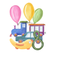 Steam locomotive with carriage, car, airplane, multicolored balloons, number 8. Kid wooden Toys. Watercolor illustration. Composition for children greeting card, party, invitation png