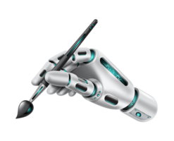 robótico mão carregado com inteligente algoritmos e reconhecimento programas para crio e desenhar imagens em digital plataforma segurando pincel png