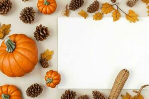 pumpkin, pine cones and dry leaves decoration. paperwhite blank card mockup background. AI Generative Pro Photo