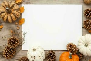 pumpkin, pine cones and dry leaves decoration. paperwhite blank card mockup background. AI Generative Pro Photo