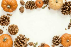 pumpkin, pine cones and dry leaves decoration. paperwhite blank card mockup background. AI Generative Pro Photo