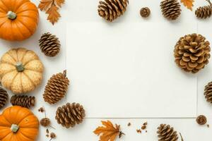 pumpkin, pine cones and dry leaves decoration. paperwhite blank card mockup background. AI Generative Pro Photo