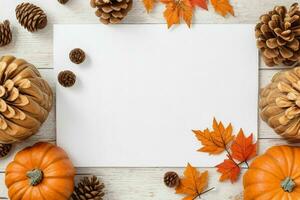 pumpkin, pine cones and dry leaves decoration. paperwhite blank card mockup background. AI Generative Pro Photo