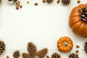 pumpkin, pine cones and dry leaves decoration. paperwhite blank card mockup background. AI Generative Pro Photo