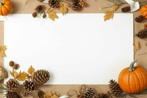 pumpkin, pine cones and dry leaves decoration. paperwhite blank card mockup background. AI Generative Pro Photo